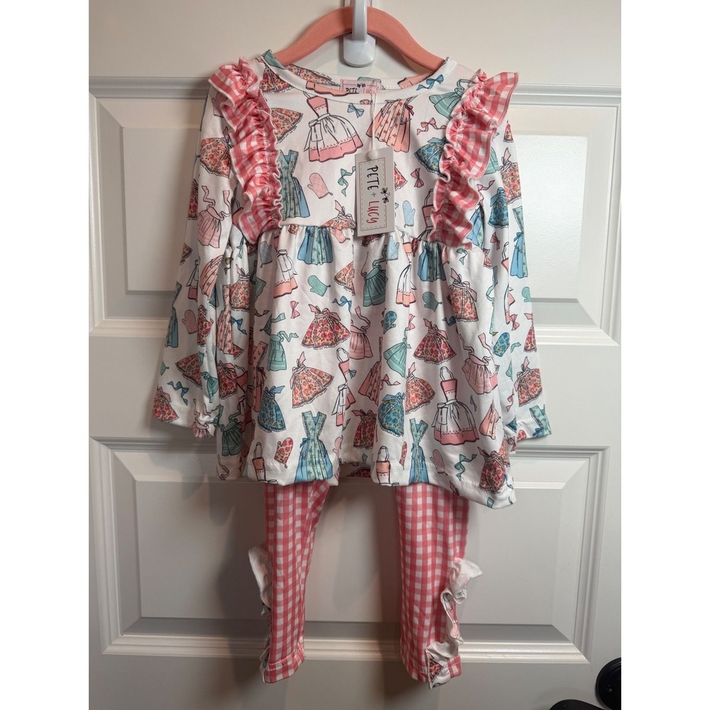Pete + Lucy Girls Vintage Apron Print Tunic & Pink Gingham Leggings Set NWT